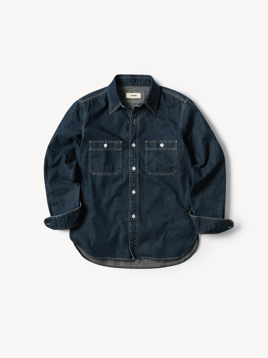 Buck Mason denim work shirt on white